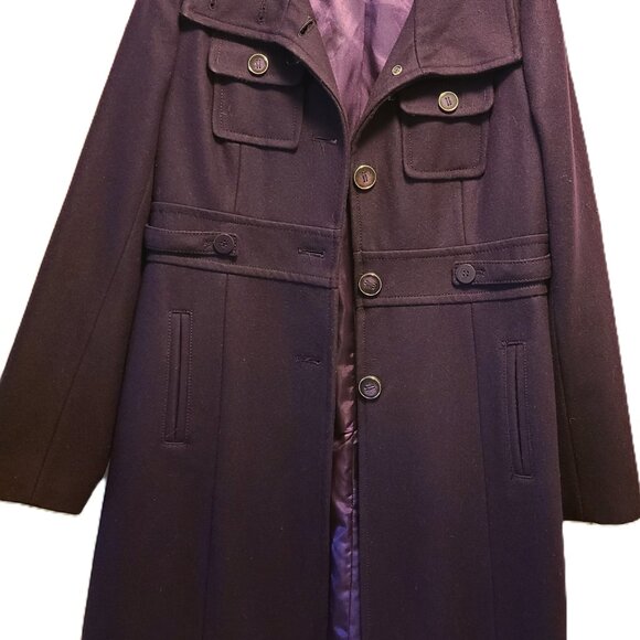 Kenneth Cole Plum Wool Coat | Military Style, Size 12, Satin Lined Button Detail - Picture 1 of 6